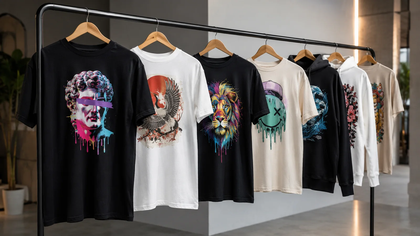 Range of garments branded with colourful DTF graphics