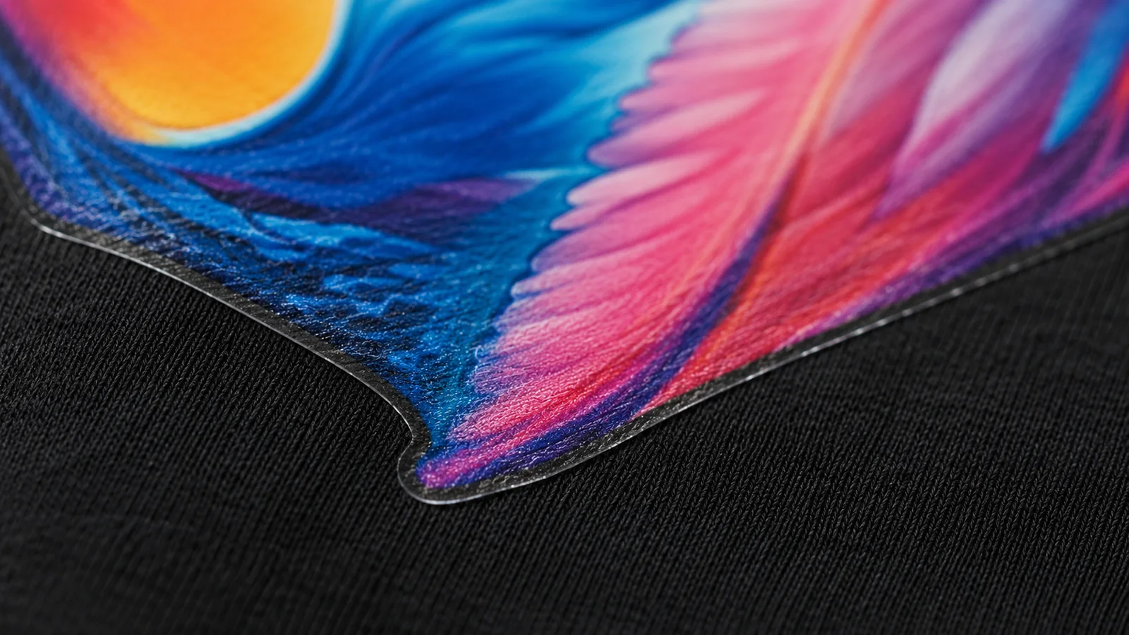 Close-up detail of a full-colour DTF transfer on black fabric