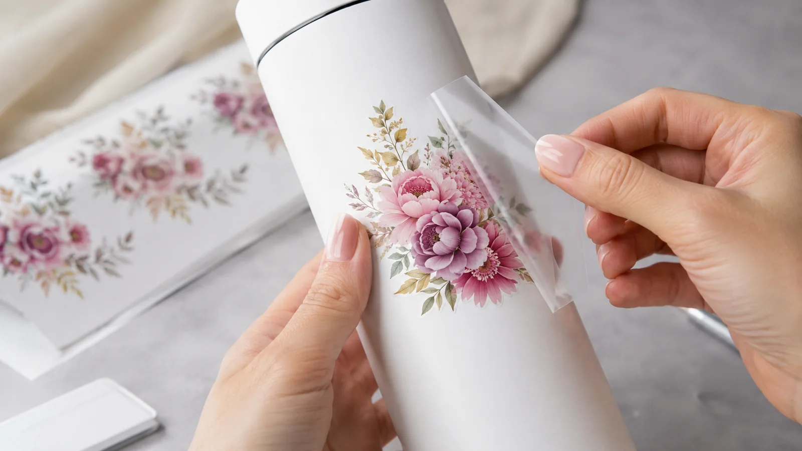 UV DTF floral branding being applied to a bottle